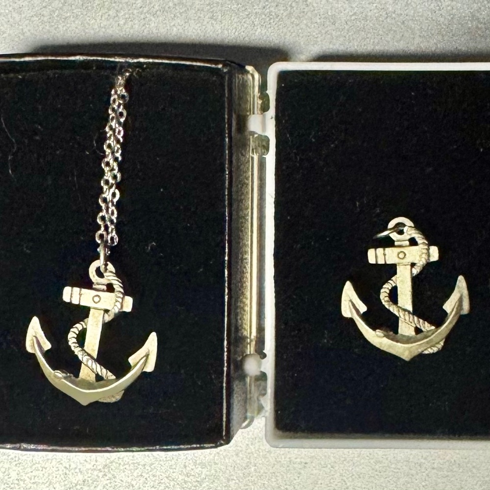 Vintage pewter, navy anchor with rope necklace, and charm